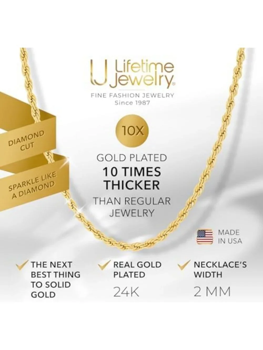 24K Gold Rope Chain Necklace for Men & Women - 2mm Diamond Cut, Thick & Durable